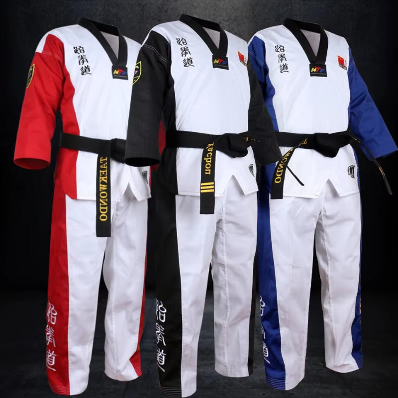 High Quality Black Red Taekwondo Uniform Training Taekwondo Suits Embroidery Uniforms Poomsae Dobok WTF Approved Size 160-190Cm