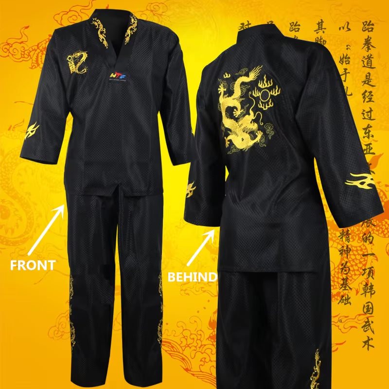 High Quality Black Red Taekwondo Uniform Training Taekwondo Suits Embroidery Uniforms Poomsae Dobok WTF Approved Size 160-190Cm