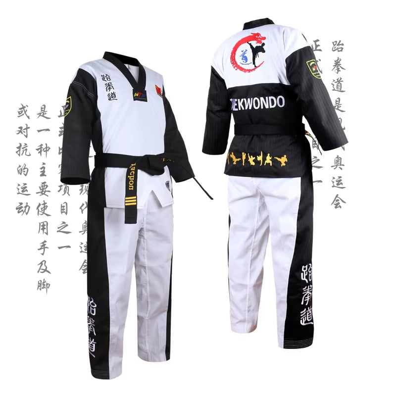 High Quality Black Red Taekwondo Uniform Training Taekwondo Suits Embroidery Uniforms Poomsae Dobok WTF Approved Size 160-190Cm