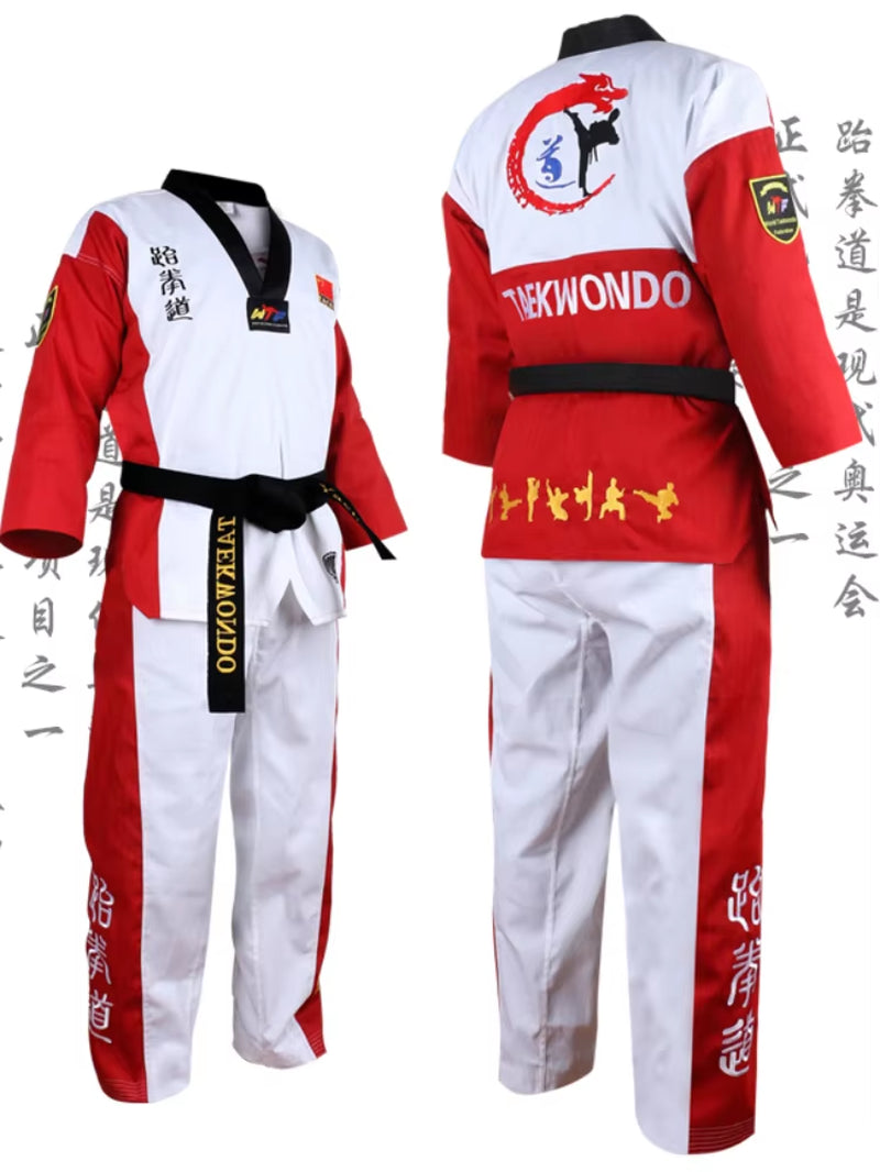 High Quality Black Red Taekwondo Uniform Training Taekwondo Suits Embroidery Uniforms Poomsae Dobok WTF Approved Size 160-190Cm