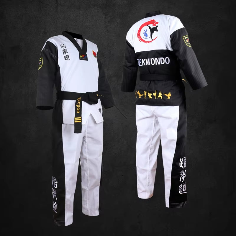 High Quality Black Red Taekwondo Uniform Training Taekwondo Suits Embroidery Uniforms Poomsae Dobok WTF Approved Size 160-190Cm